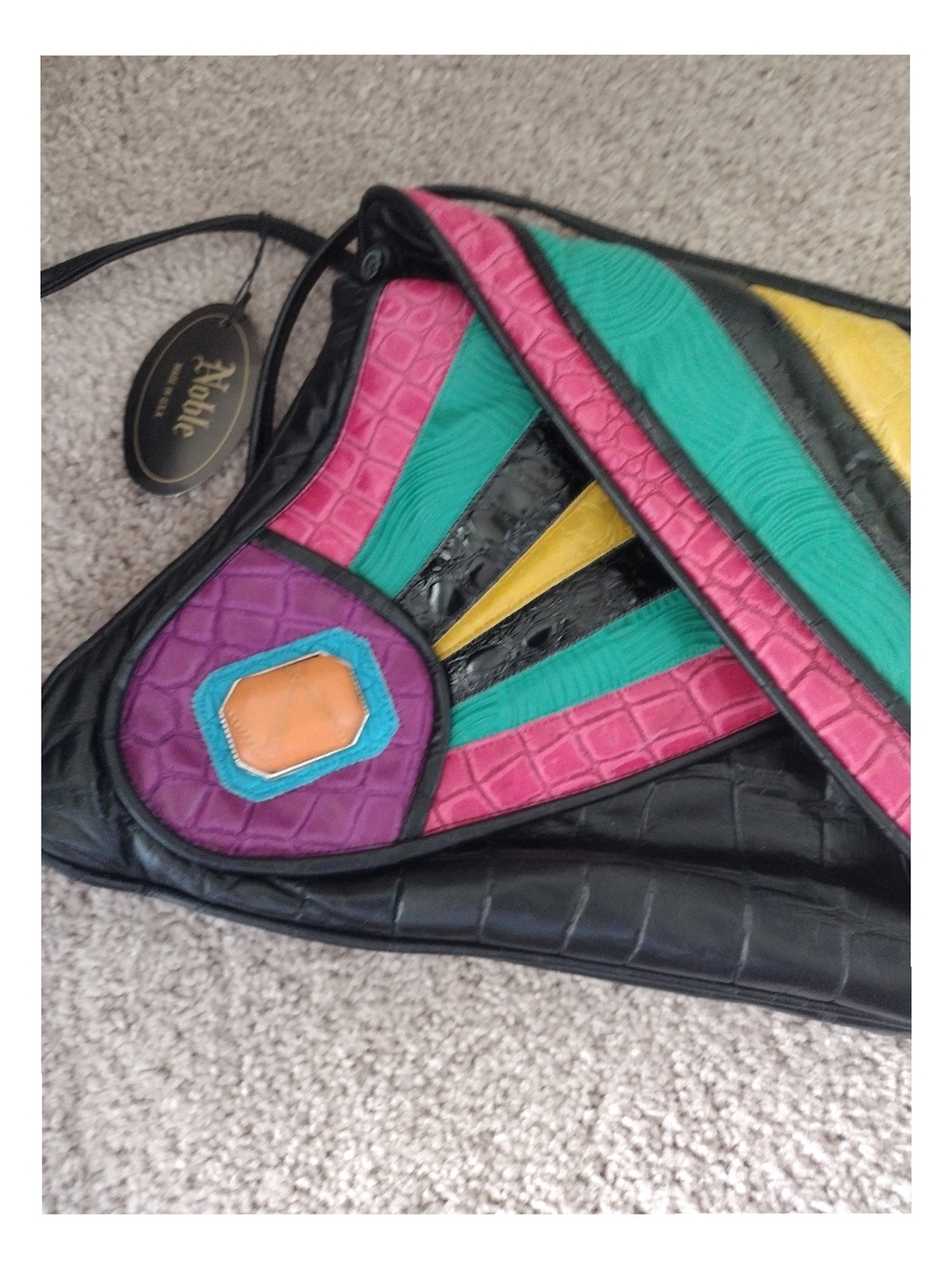 1980s Noble Handbags Inc Colorful Geometric Leather Crossbody Bag - Multicolor - Picture 6 of 13